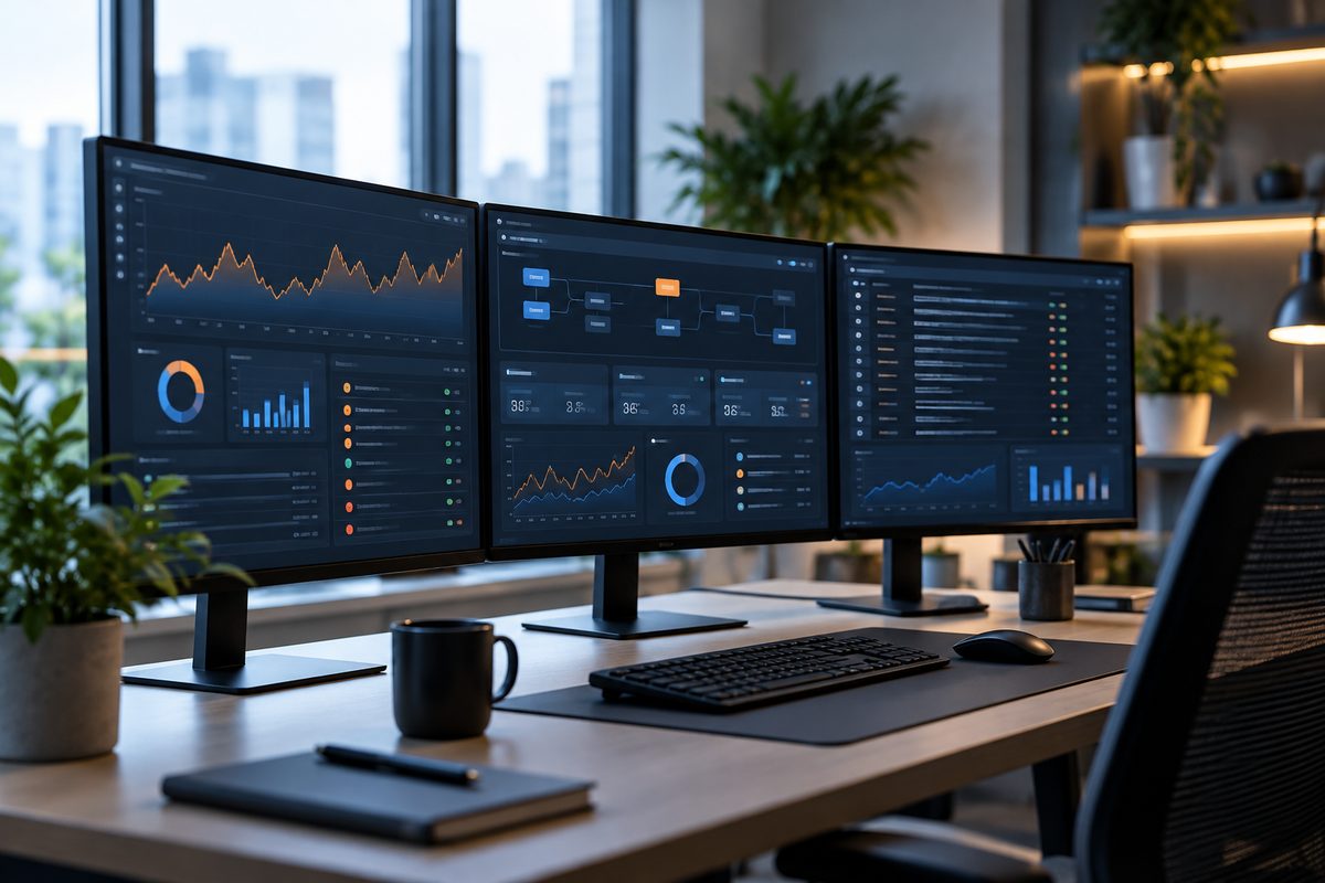 An operations workspace with three monitors showing dashboards, charts and a log stream