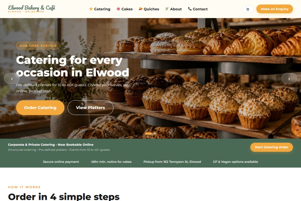 Elwood Bakery home page, showing the catering hero banner