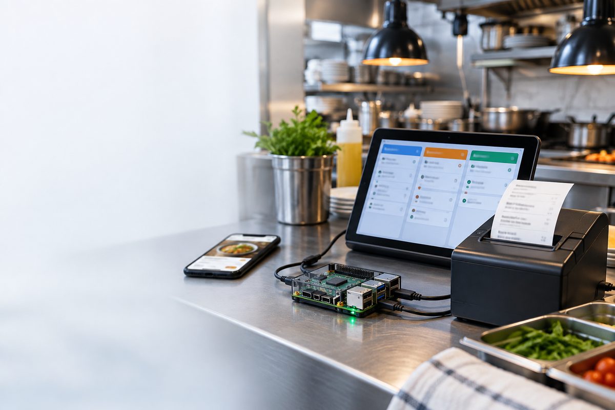 Rest-O-Pi OS hardware on a kitchen counter — Raspberry Pi, thermal printer with a printed kitchen ticket, and a tablet showing the live order board